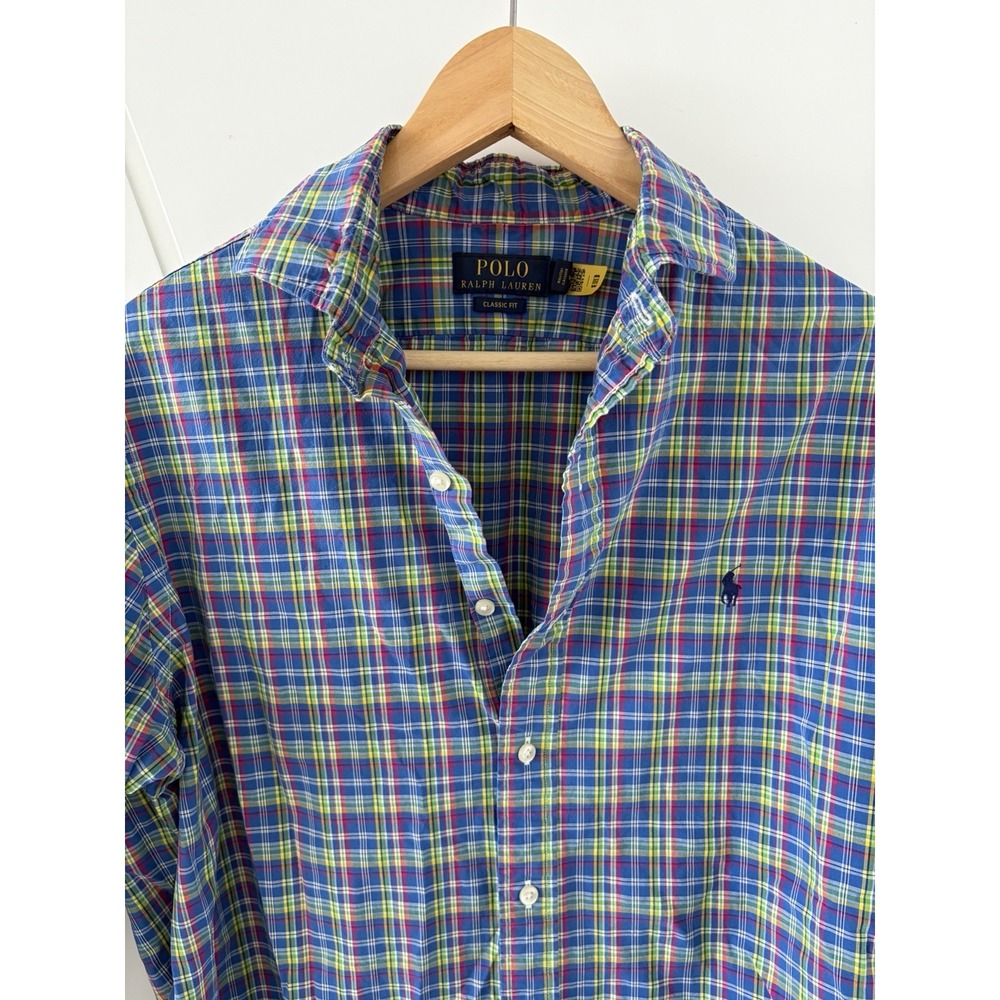 Polo Ralph Lauren Shirt Mens Large Classic Fit Blue Plaid Polo Long Sleeve